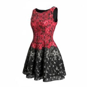Julian Taylor New York Women’s 14 Red Black Floral Fit Flare Sleeveless Dress